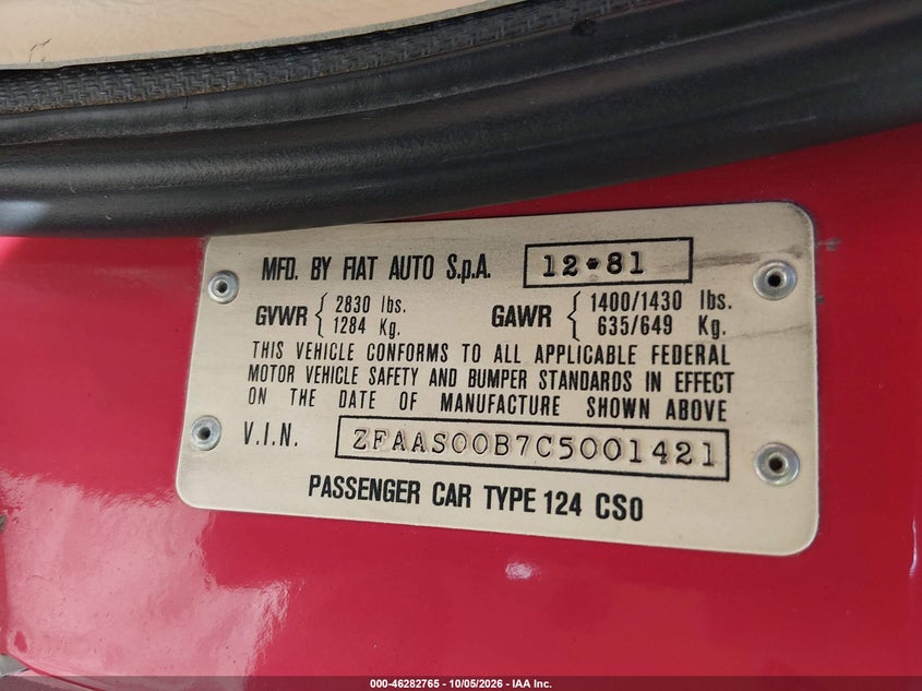 FIAT 124 1982 VIN ZFAAS00B7C5001421