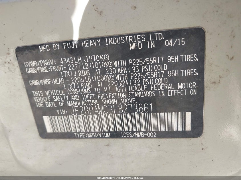 SUBARU XV CROSSTREK 2015 VIN JF2GPAMC3F8273661