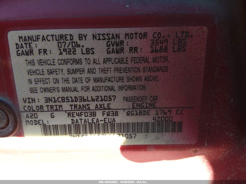 NISSAN SENTRA 2006 VIN 3N1CB51D36L621057