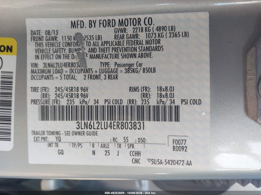LINCOLN MKZ HYBRID 2014 VIN 3LN6L2LU4ER803831