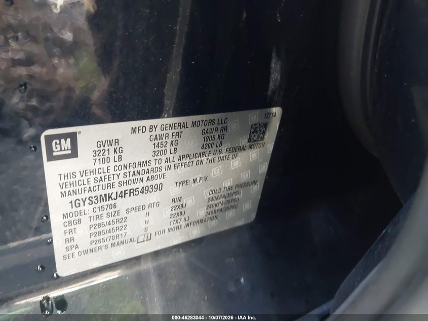 CADILLAC ESCALADE 2015 VIN 1GYS3MKJ4FR549390
