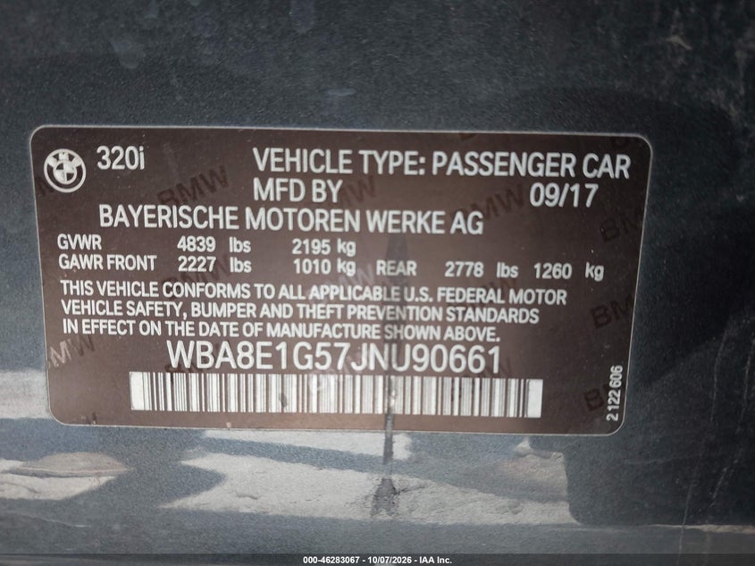 BMW 320I 2018 VIN WBA8E1G57JNU90661