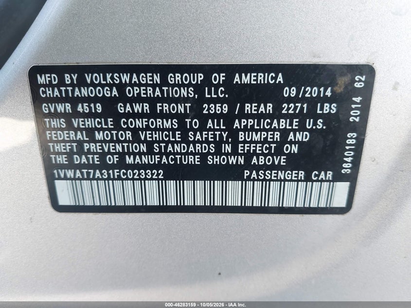 VOLKSWAGEN PASSAT 2015 VIN 1VWAT7A31FC023322