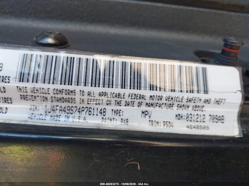 JEEP WRANGLER 2004 VIN 1J4FA49S74P761148