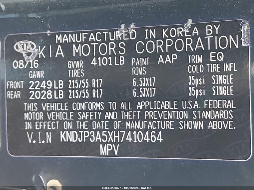 KIA SOUL 2017 VIN KNDJP3A5XH7410464
