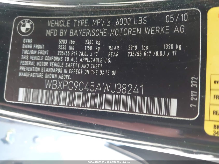 BMW X3 2010 VIN WBXPC9C45AWJ38241