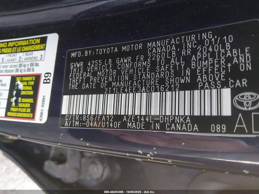TOYOTA MATRIX 2010 VIN 2T1LE4EE3AC016212