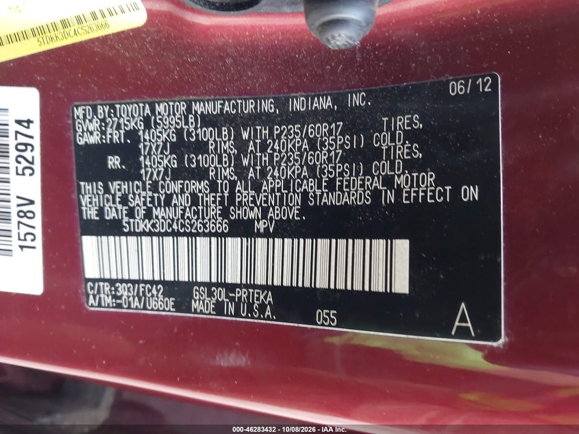 TOYOTA SIENNA 2012 VIN 5TDKK3DC4CS263666