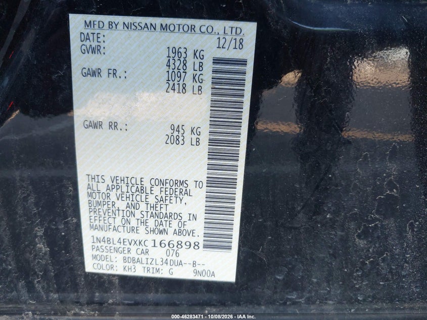 NISSAN ALTIMA 2019 VIN 1N4BL4EVXKC166898