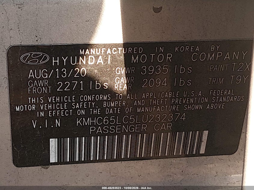 HYUNDAI IONIQ HYBRID 2020 VIN KMHC65LC5LU232374