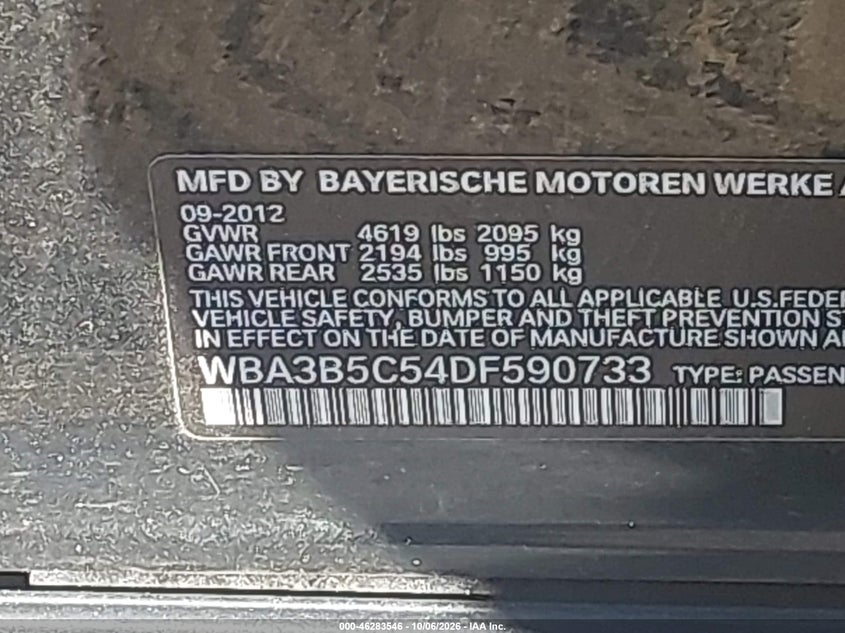 BMW 328I 2013 VIN WBA3B5C54DF590733