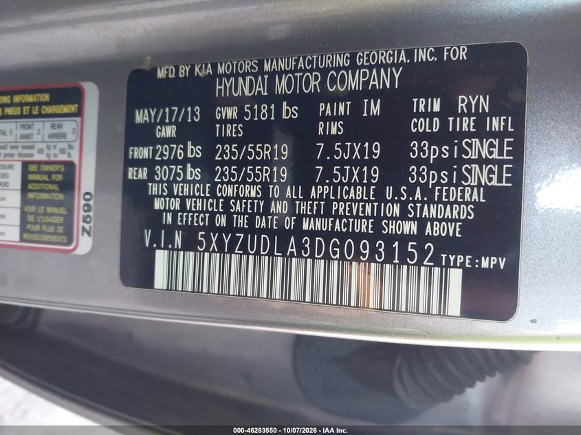 HYUNDAI SANTA FE 2013 VIN 5XYZUDLA3DG093152