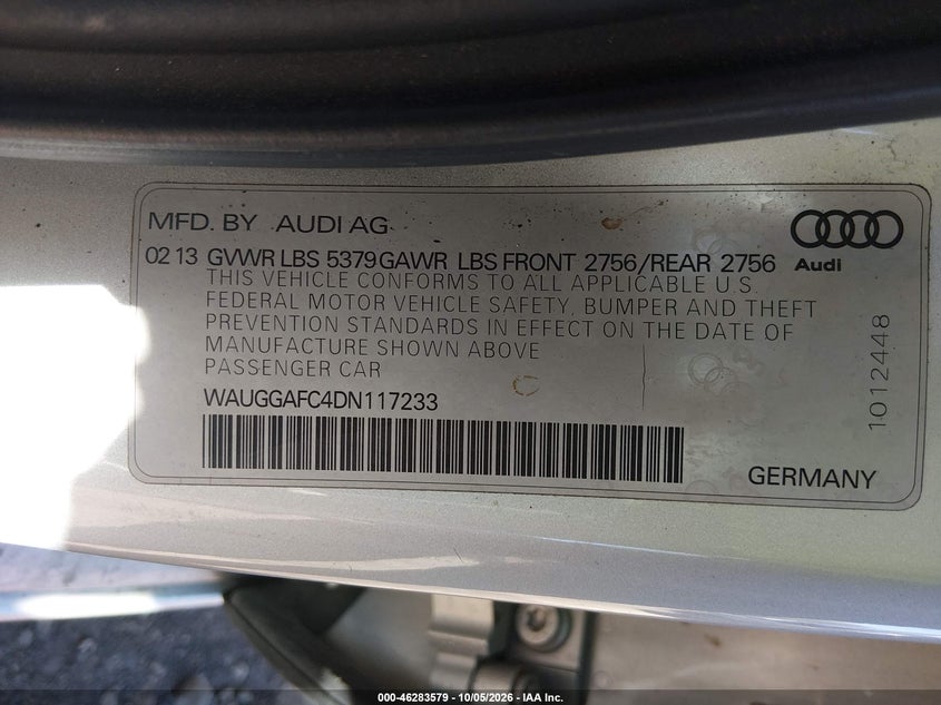 AUDI A6 2013 VIN WAUGGAFC4DN117233
