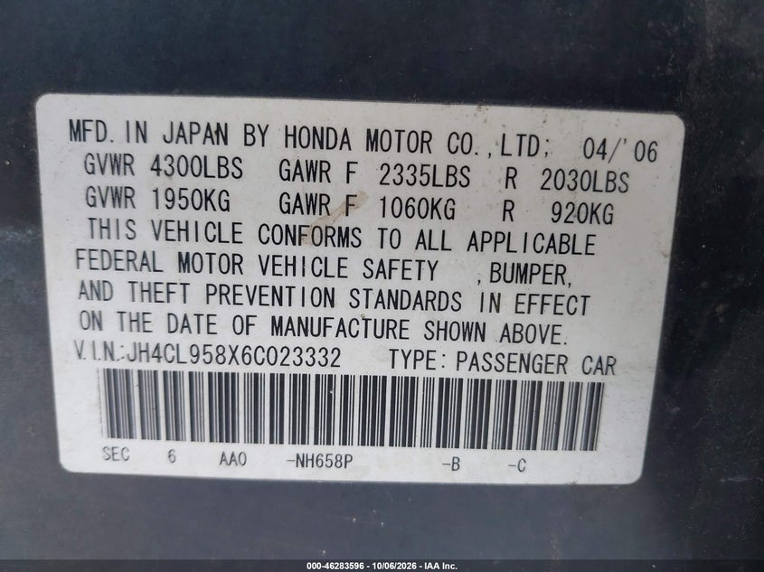 ACURA TSX 2006 VIN JH4CL958X6C023332