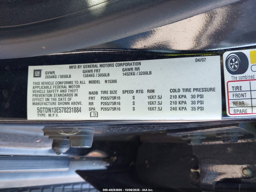 HUMMER H3 SUV 2007 VIN 5GTDN13E578231884