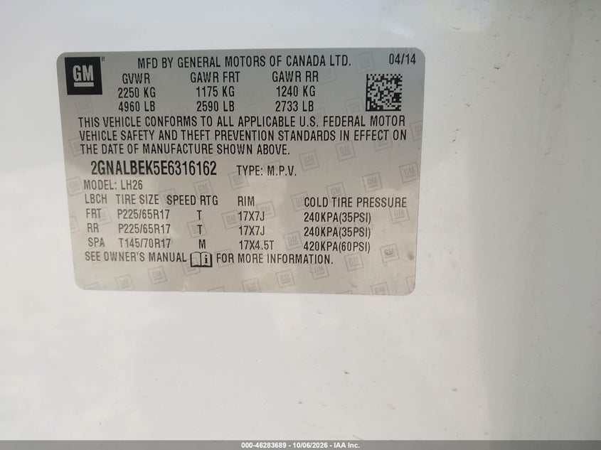CHEVROLET EQUINOX 2014 VIN 2GNALBEK5E6316162