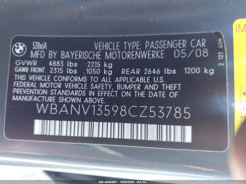 BMW 528XI 2008 VIN WBANV13598CZ53785