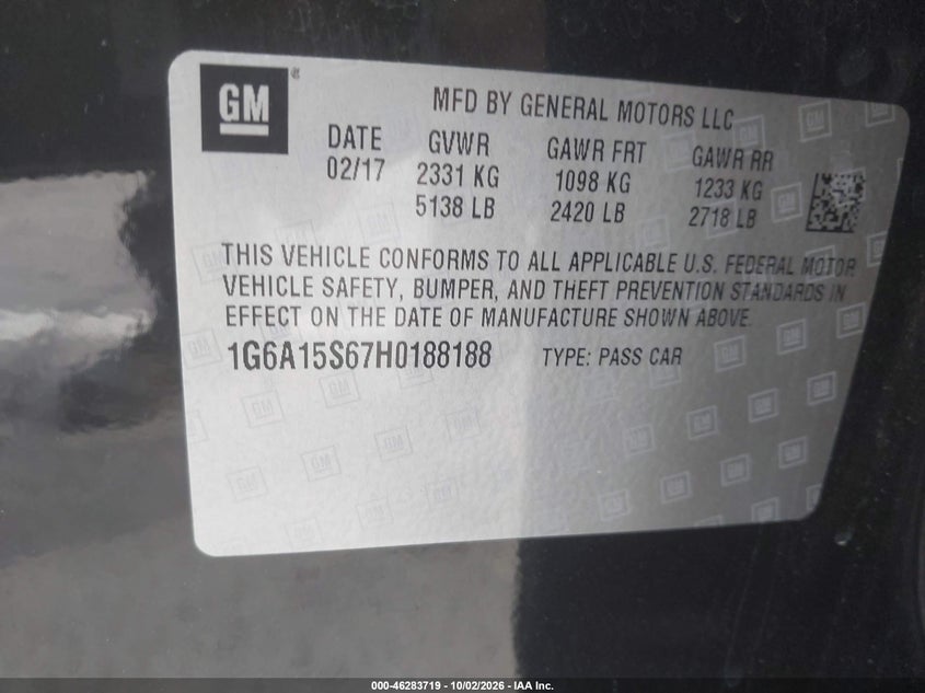 CADILLAC CTS-V 2017 VIN 1G6A15S67H0188188