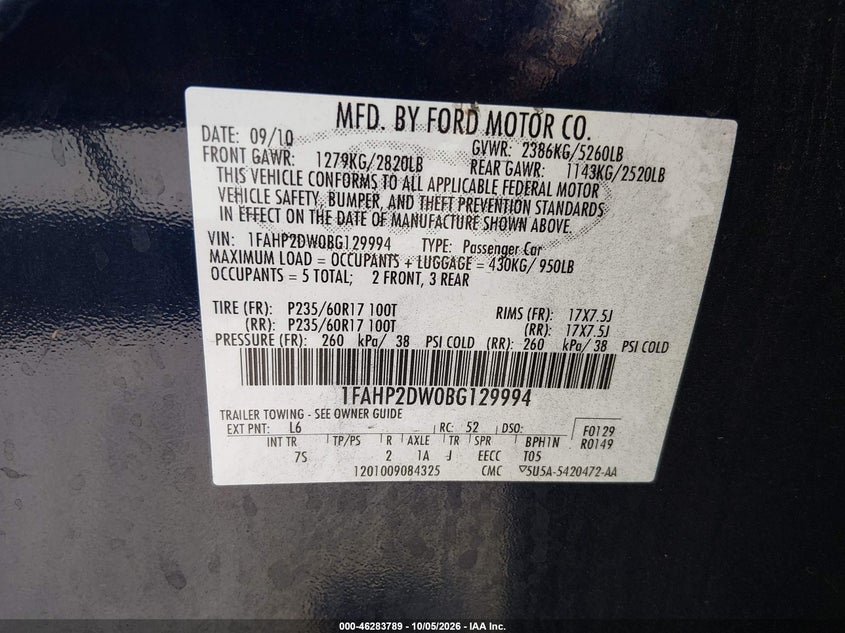 FORD TAURUS 2011 VIN 1FAHP2DW0BG129994