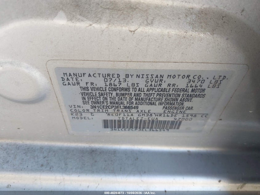 NISSAN VERSA NOTE 2014 VIN 3N1CE2CP3EL366549