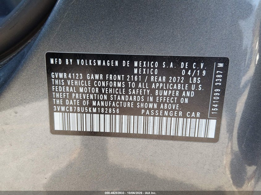 VOLKSWAGEN JETTA 2019 VIN 3VWCB7BU5KM182856
