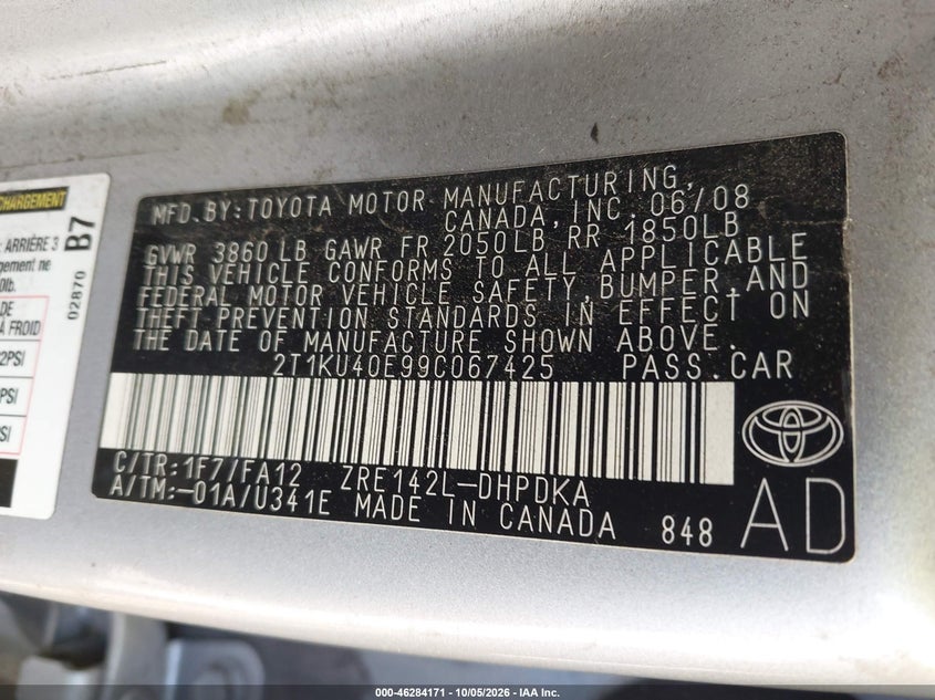 TOYOTA MATRIX 2009 VIN 2T1KU40E99C067425