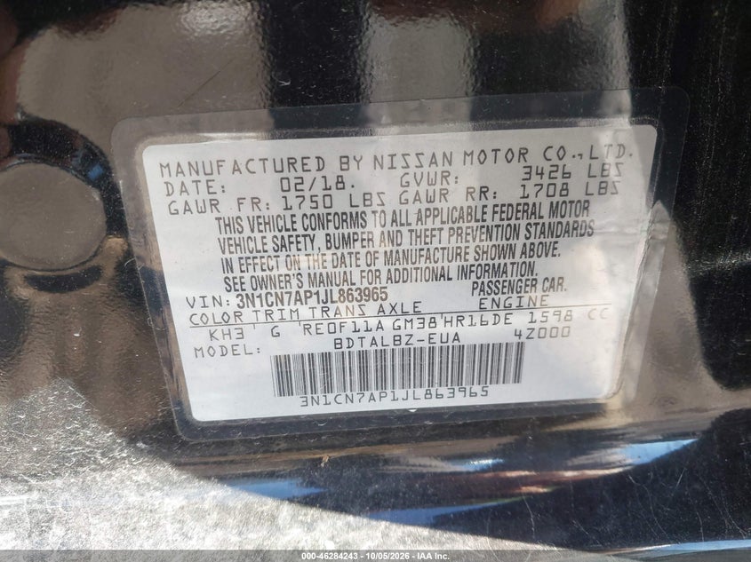 NISSAN VERSA 2018 VIN 3N1CN7AP1JL863965
