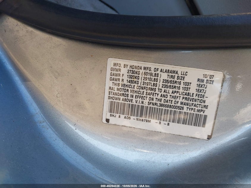 HONDA ODYSSEY 2008 VIN 5FNRL38668B000526