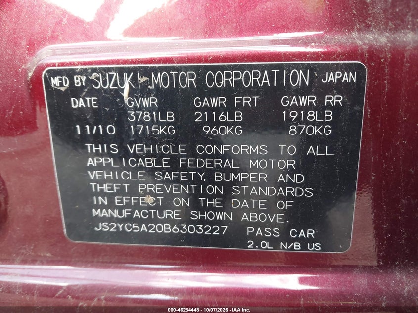 SUZUKI SX4 2011 VIN JS2YC5A20B6303227