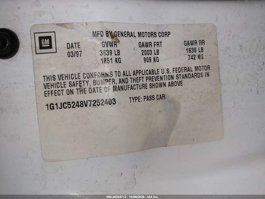 CHEVROLET CAVALIER 1997 VIN 1G1JC5248V7252403