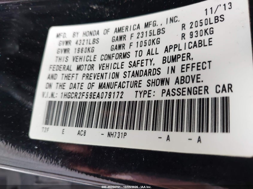 HONDA ACCORD 2014 VIN 1HGCR2F59EA079172