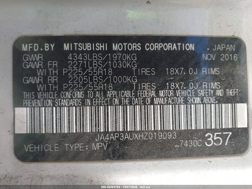 MITSUBISHI OUTLANDER SPORT 2017 VIN JA4AP3AUXHZ019093
