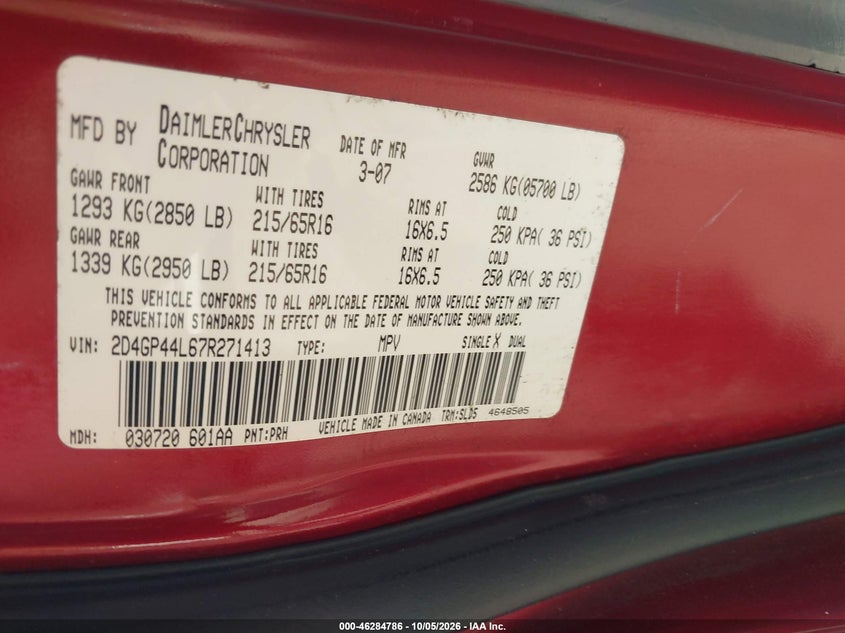 DODGE GRAND CARAVAN 2007 VIN 2D4GP44L67R271413
