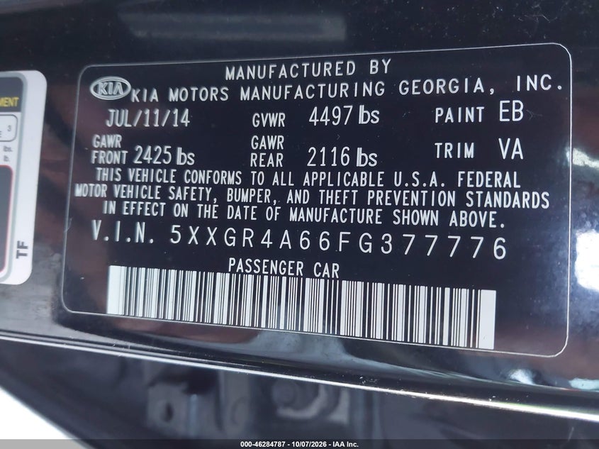 KIA OPTIMA 2015 VIN 5XXGR4A66FG377776