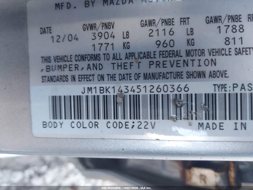MAZDA MAZDA3 2005 VIN JM1BK143451260366