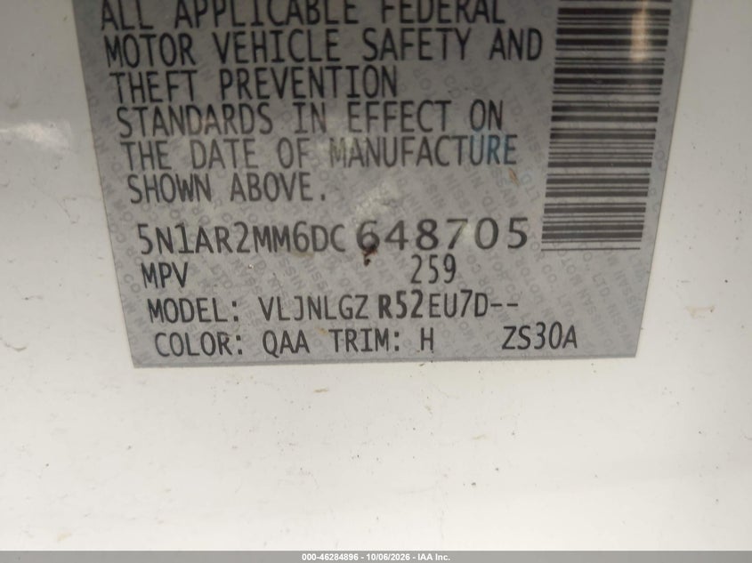 NISSAN PATHFINDER 2013 VIN 5N1AR2MM6DC648705