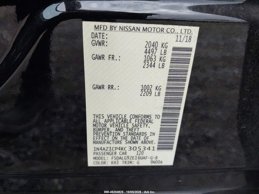 NISSAN LEAF 2019 VIN 1N4AZ1CP4KC305341