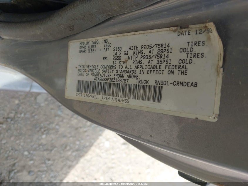 TOYOTA PICKUP 1994 VIN 4TARN93P3RZ186787