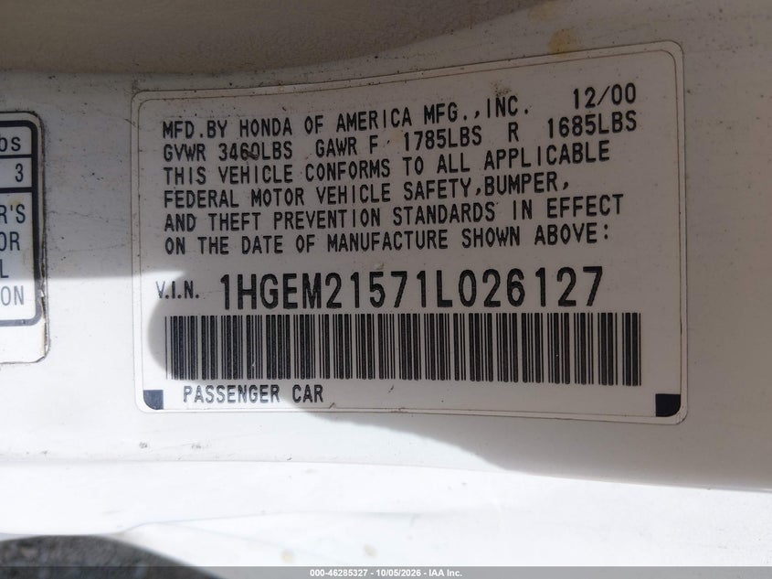 HONDA CIVIC 2001 VIN 1HGEM21571L026127