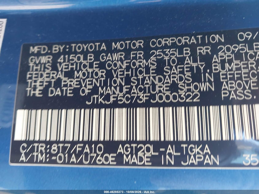 SCION TC 2015 VIN JTKJF5C73FJ000322