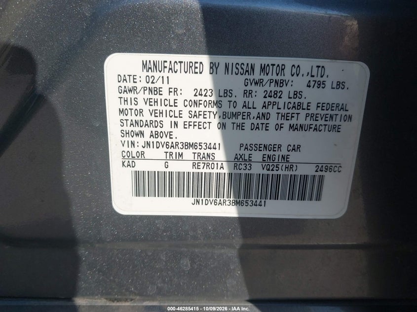 INFINITI G25X 2011 VIN JN1DV6AR3BM653441