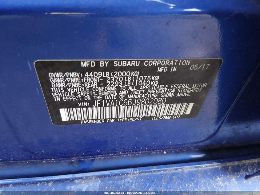 SUBARU WRX 2018 VIN JF1VA1C66J9802080