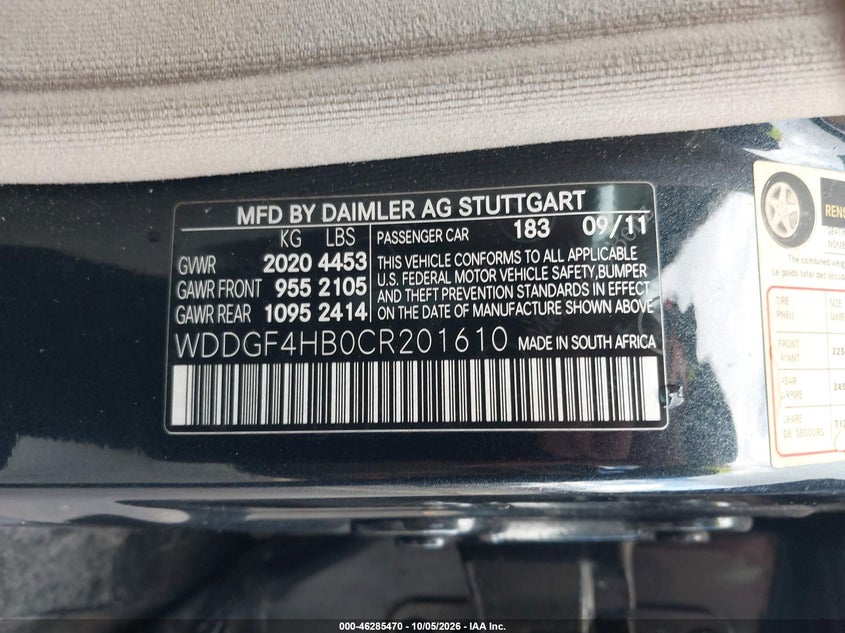 MERCEDES-BENZ C 250 2012 VIN WDDGF4HB0CR201610