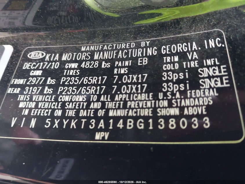 KIA SORENTO 2011 VIN 5XYKT3A14BG138033