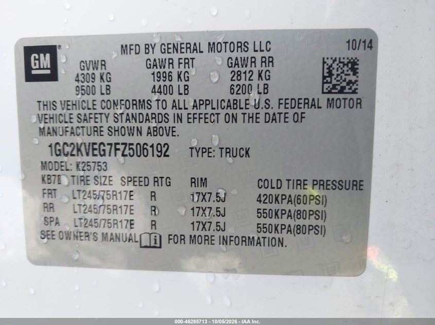 CHEVROLET SILVERADO 2500HD 2015 VIN 1GC2KVEG7FZ506192