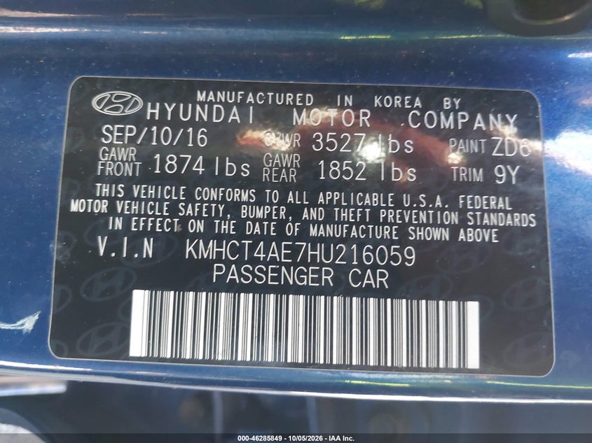HYUNDAI ACCENT 2017 VIN KMHCT4AE7HU216059