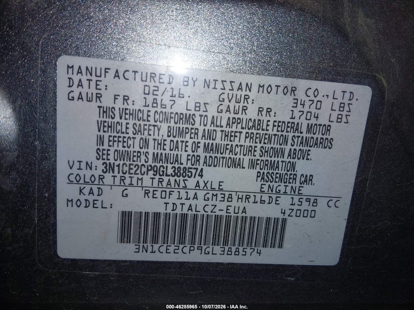 NISSAN VERSA NOTE 2016 VIN 3N1CE2CP9GL388574