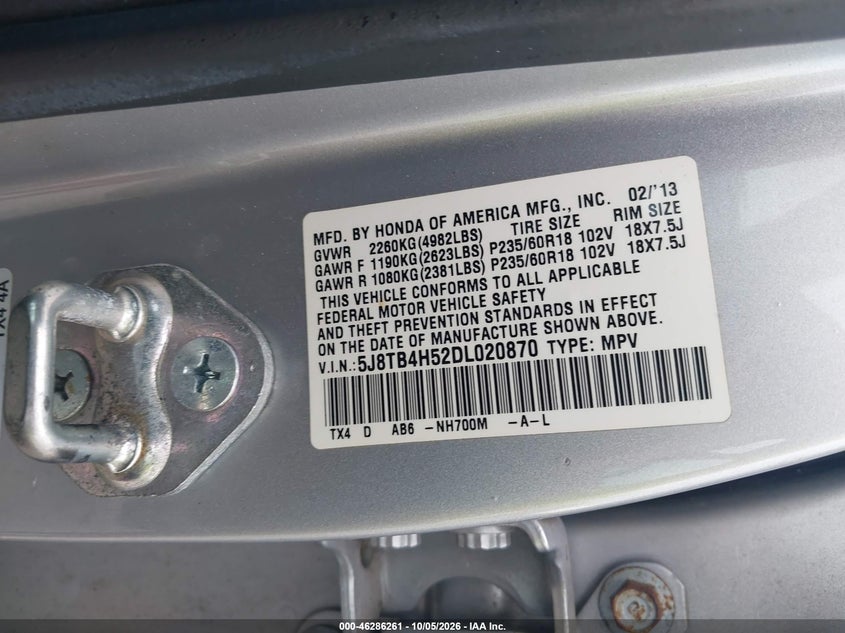 ACURA RDX 2013 VIN 5J8TB4H52DL020870