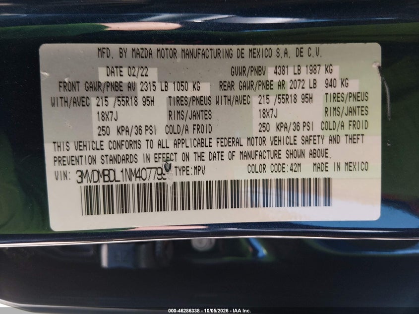 MAZDA CX-30 2022 VIN 3MVDMBDL1NM407799