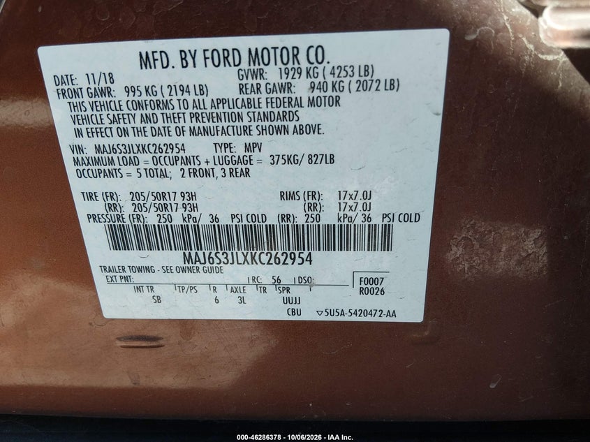 FORD ECOSPORT 2019 VIN MAJ6S3JLXKC262954